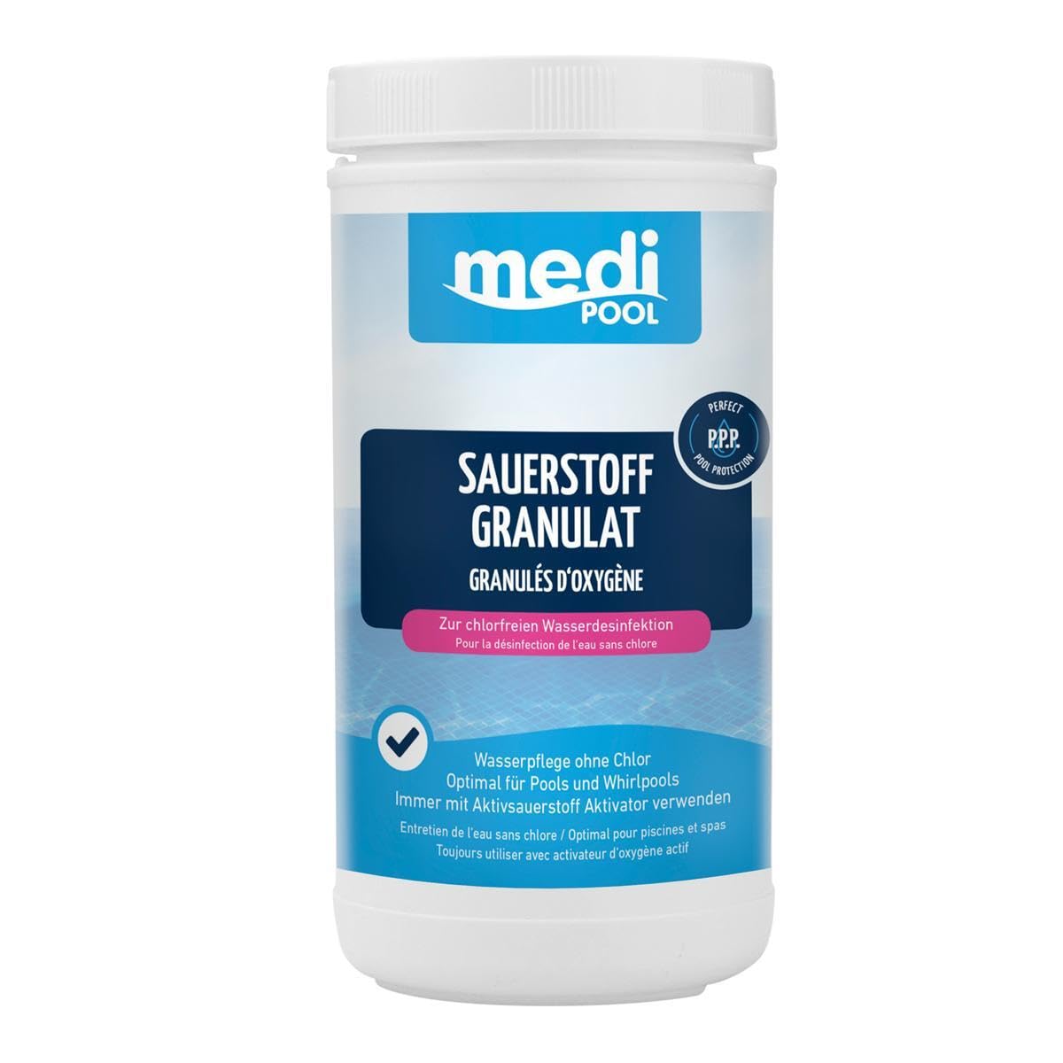 Medipool Wasserpflege-Set mit Pooltester für Aktivsauerstoff & pH-Wert, 1x Sauerstoff-Granulat 1 kg und 1x Aktivator 1 L
