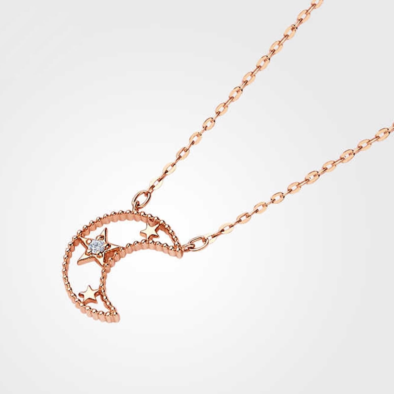 Collar largo con colgante para mujer, luna y estrella de moda con diamante de forma redonda, oro rosa de 9 quilates, 14 y 18 quilates