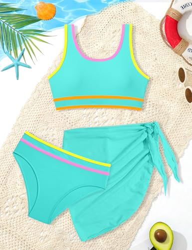 Image of Girls Swimsuit Double Strap High Waist Sporty Bikini Swimsuits Swim Cover Up Skirt 3 Piece Set
