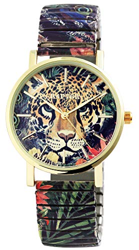 Raptor Colorful Edition Damen-Uhr Zugband Edelstahl Motiv Bunt Print Analog Quarz (grün/gelb/schwarz)