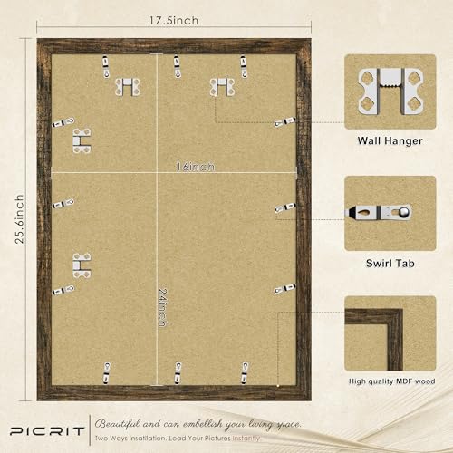 Picrit 16x24 Picture Frame 3 Pack, Brown Poster Frame, Display Poster 12 x 18 with Mat or 16 x 24 without Mat for Horizontal or Vertical Wall Mounting