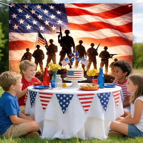 Image of IVN Patriotic Soldier Banner 71x43 Inch American Flag Military Troops 4th