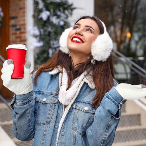 Suhine 8 Pcs Winter Hat Scarf Gloves Earmuff Set Knit Beanie Pompom Hat Warm Touch Screen Gloves for Women Men Adult3