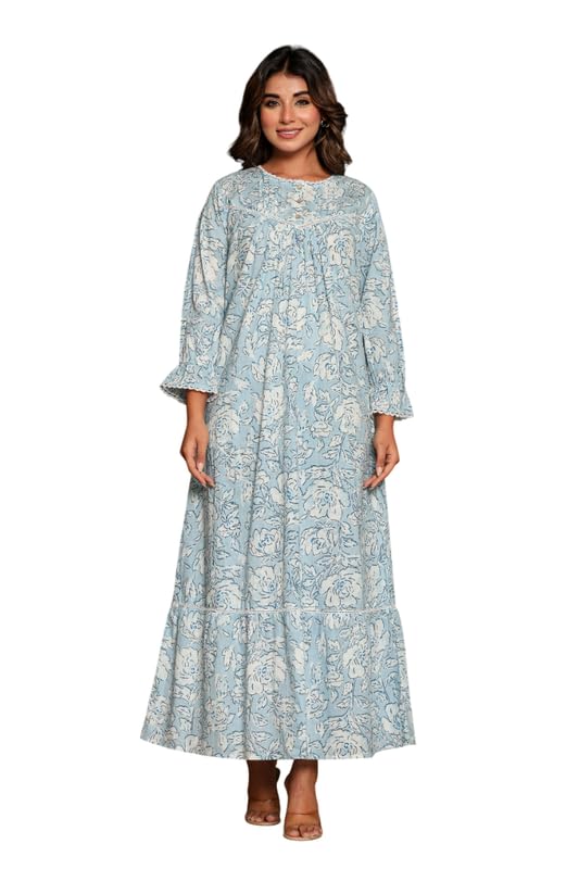 Image of NIHSAMAH Cotton Night Gown for Women, Printed Long Cotton Nighty with Pockets, Comfortable & Fancy Sleepwear /Nightwear /Maxi
