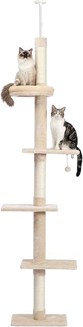 PAWZ Road Cat Tree 5-Tier Floor to Ceiling Cat Tower Height Adjustable, Tall Kitty Climbing Activity Center with Scratching Post, Cozy Bed, Dangling Ball for Indoor Cats/Kitten Beige