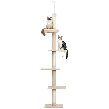 PETEPELA Cat Tree 5-Tier Floor to Ceiling Cat Tower Height Adjustable (95-107 Inches), Tall Kitty Climbing Activity Center with Scratching Post, Cozy Bed, Dangling Ball for Indoor Cats Upgraded Beige