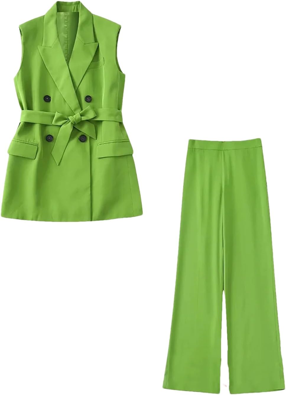 Women Vintage Solid Vest 2 Piece Set Blazer Office V Neck Double Breasted Long Waistcoats and Pants