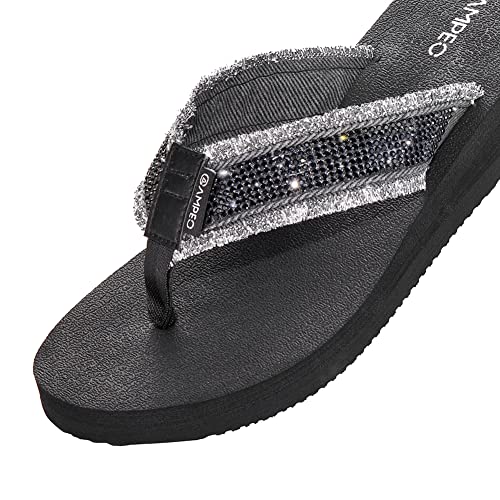 Ampeo Wemen's Comfortable Casual Webbing Rhinestone Wedge Flip Flops,Black,Size 8 #TOP1