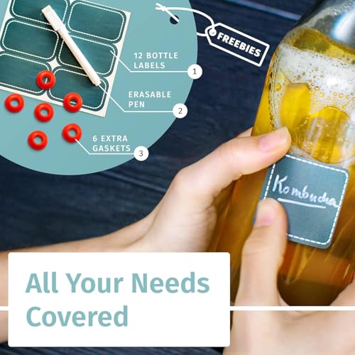 Otis Classic Swing Top Glass Bottles - Set of 6, 16oz w/Marker & Labels - Clear Bottle with Caps for Juice, Water, Kombucha, Wine, Beer Brewing, Kefir Milk or Eggnog - Image 6