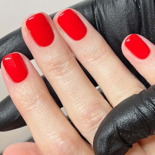 Red Press on Nails Short Fake Nails Square False Nails Press ons with Solid Color Designs Reusable Acrylic Nails Glossy Full Cover Stick on Nails for Women Manicure 24 Pcs