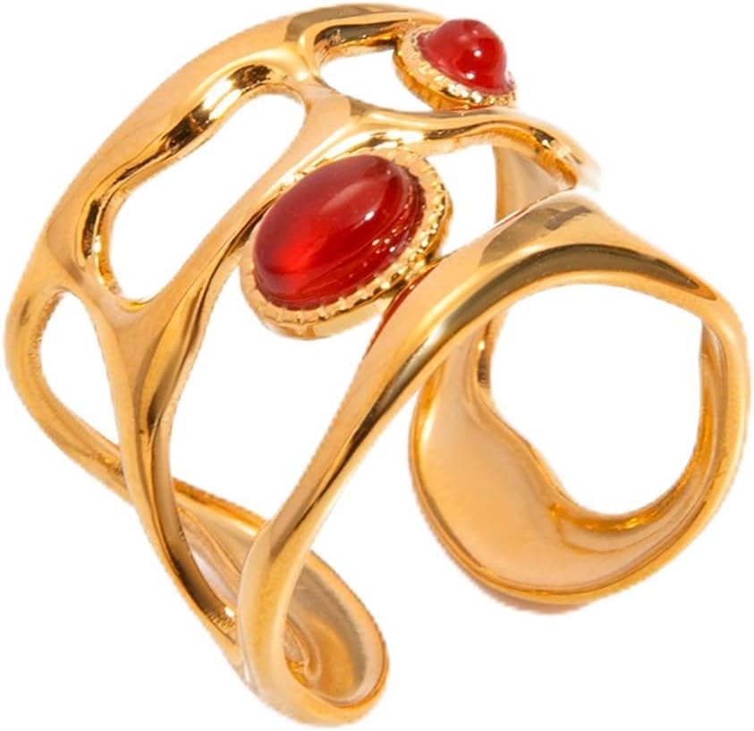 Boho Red Heart Gold Band Rings Pearl Ring, Dainty Adjustable Statement Rings, Open Wrap Stackable Finger Ring Gold Fashion Jewelry Gifts for Women