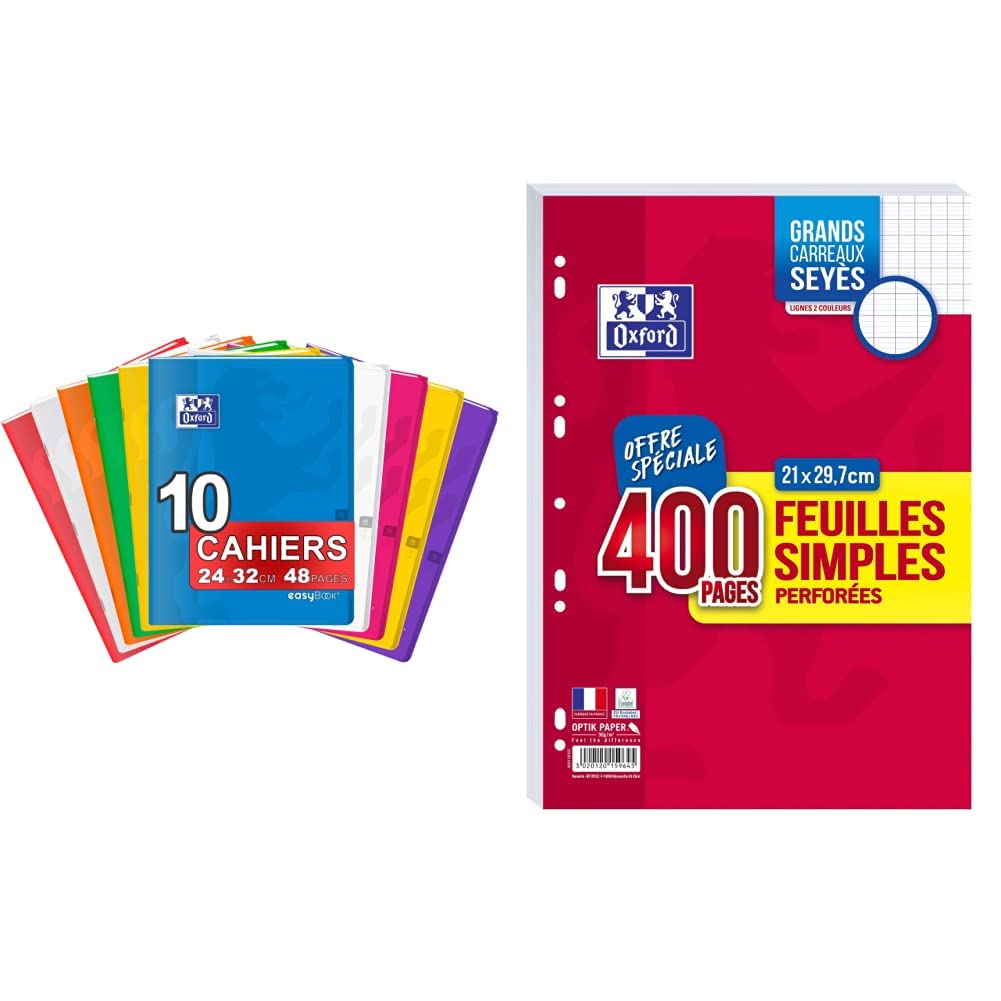 Oxford EasyBook Lot de 10 Cahiers Agrafés Grands Formats 24 x 32cm 48 Pages Grands Carreaux Seyès 90gr & Lot de 400 Pages Feuilles Simples Grands Carreaux Seyès Format A4 (21x29,7cm) Perforées