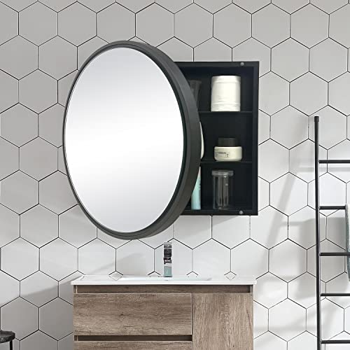Foamyko 28 Inch X 28 Inch Round Medicine Cabinet, Circular Bathroom Mirror Cabinet, Wall Surface Mounted Storage Farmhouse Cabinet With Black Frame Mirror #TOP3