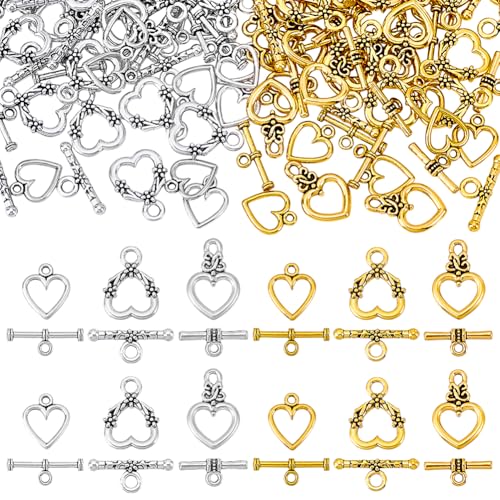 PH PandaHall 90 Sets 3 Stile Knebelverschlüsse Herz OT Verschlüsse Legierung T Stab Verschlüsse Verschlussclip Kreisverschluss Für Halsketten Halsbänder Armbänder Schmuck