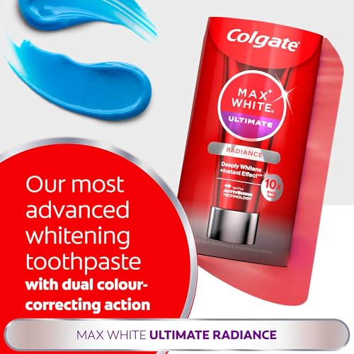 Colgate Max White Ultimate Radiance Whitening Toothpaste Deeply whitens with Active Oxygen Molecules for 10X Whiter Teeth*. *Stains Caused by Food & Drink vs Fluoride Toothpaste After 3 Days.