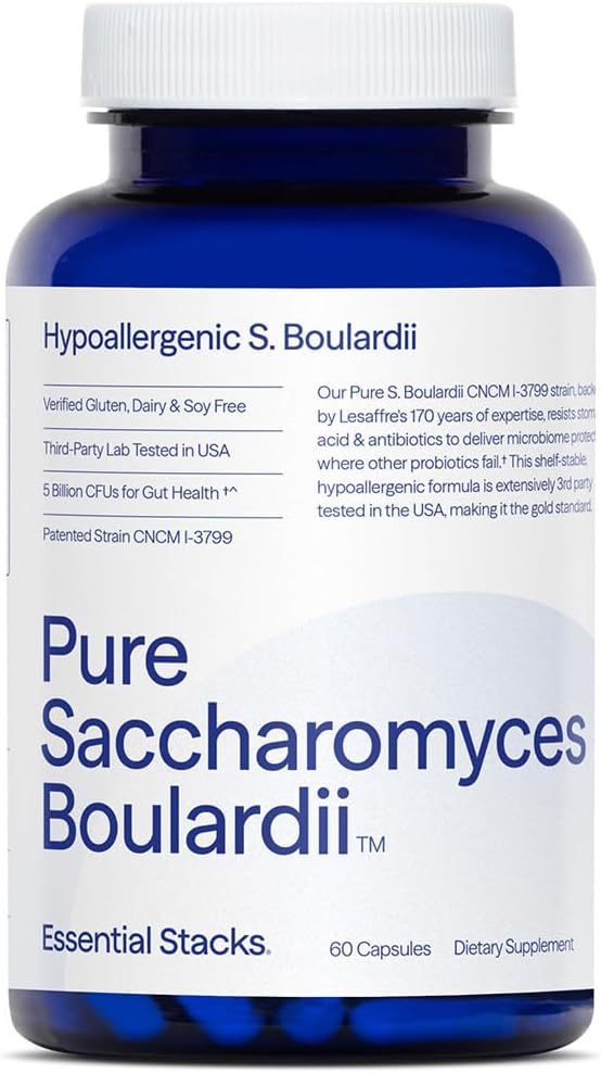 Essential Stacks Pure Saccharomyces Boulardii Probiotic - Gluten, Dairy & Soy Free - 5 Billion CFUs S Boulardii DBV PG 6763 Strain (60 Capsules)