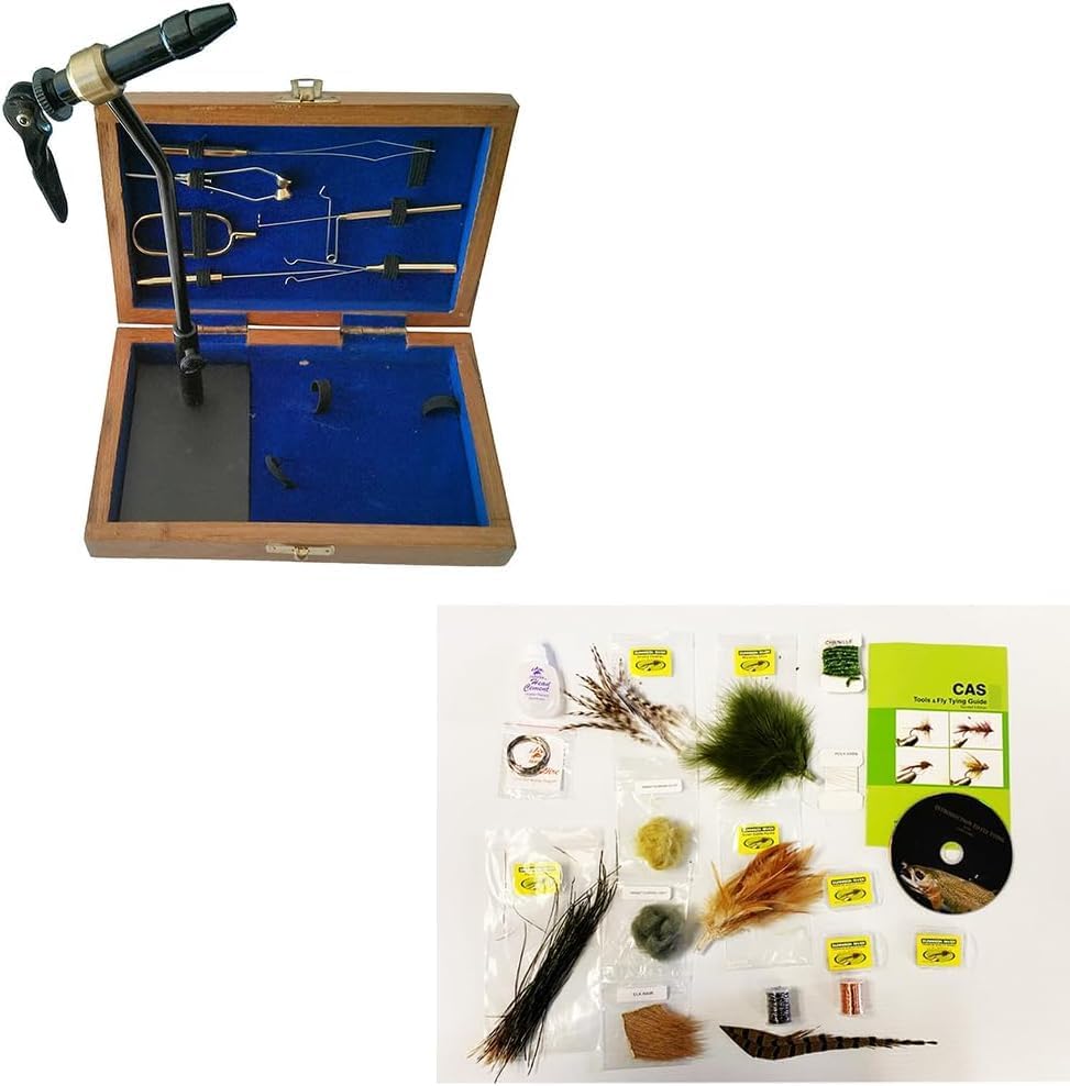 Fly Tying Standard Tool Kit with Wooden Box, Book & DVD, Rotary Vise, Bobbin, Scissors, Whip Finisher, Complete Fly Fishing Set for Beginners & Pros