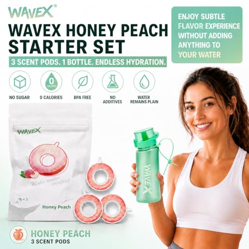 Image of WaveX Scented Water Bottle, Includes 3 Honey Peach Aroma Scent Pods, BPA Free, Flip Top Leak-Proof Lid, Straw & Carry Strap Included, Subtle Flavor Experience, No Sugar or Calories, (Sea Glass Green)