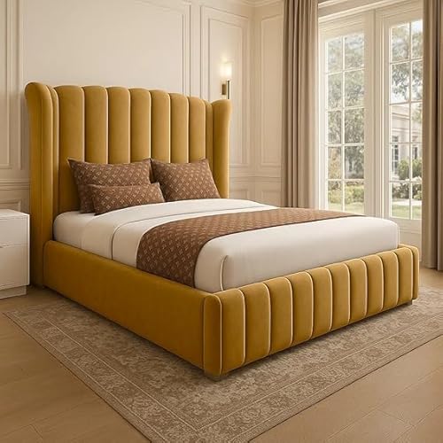 4FT6 Double Wingback Bed Frame With Winged Panel Headboard Upholstered In Plush Velvet Mustard Gold Bed Wooden Slats - No Mattress - No Storage (Mustard Gold Plush, 4FT6 Double Bed Frame Only)