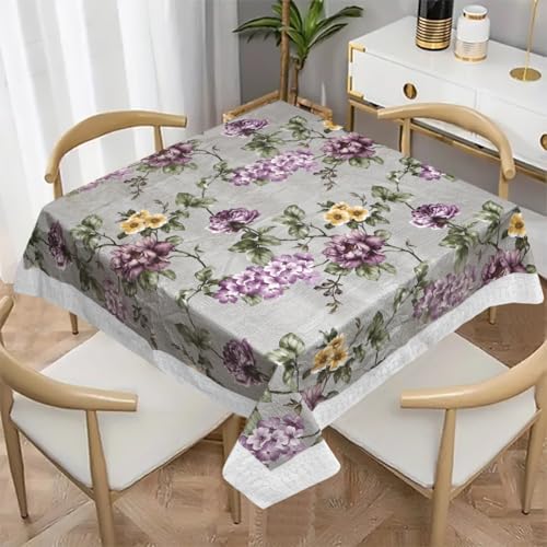 Image of Dakshya Industries PVC Waterproof Square Table Cover 48x48 Inch for 4 Seater Dining Table | Floral Printed Oilproof Stain Resistant Washable Plastic Table Cover, Grey & Purple