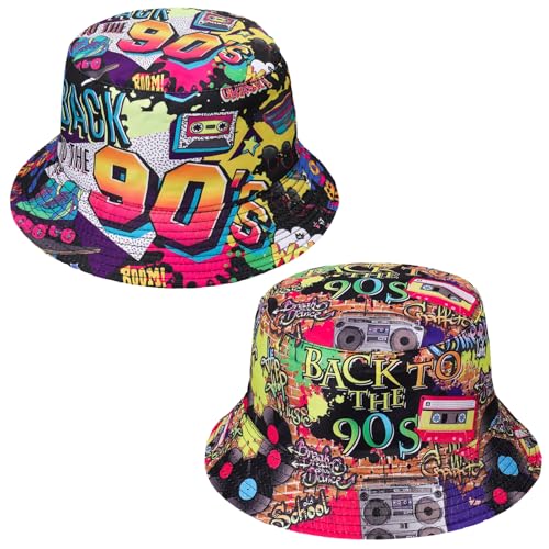 Halinuia 2 Stücke Retro 90er Fischerhüte Hip Hop Bucket Hat Rock Scrawl Fischerhut Modische Bucket Hat Anglerhut Sonnenhut Faltbar 90er Style Unisex Fishing Hut für Frauen Männer