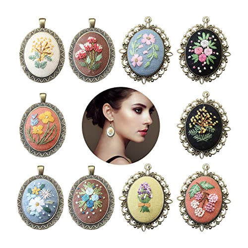 Image of 10 Pack Embroidery Pendant Kit with Instructions, Mini Flower Patterns Embroidered Pendant Necklace with Chain,Needle Thread ,Small Cross Stitch Kit with Canvas Cloth Hoop for Adults DIY Art Crafts