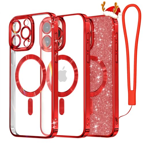 Coque rouge de Noël pour iPhone 15 Pro Max compatible MagSafe et protection objectif