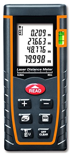 Shinydeal T80 Laser Portable Handle Digital Measure Tool Range Finder with Bubble Level and Large Backlit(80M/262ft), 0.05 to 80m