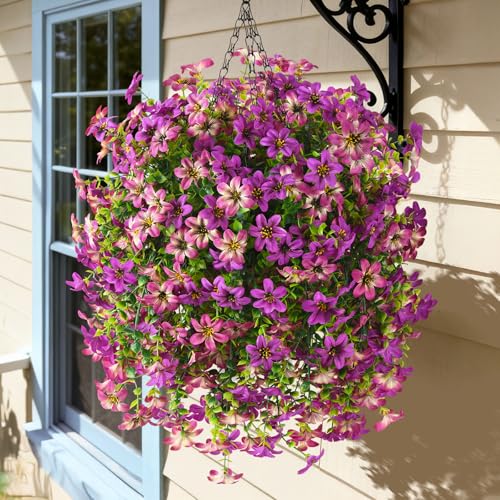 Artificial Faux Hanging Flowers Plants Baskets for Outdoors Fake 3 Bundles Silk in Planter UV Resistant for Porch Patio Balcony Garden Yard Home Decor (3Pcs Lotus,1Pcs Hanging Basket)