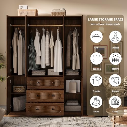 TOKSOM 4 Doors Freestanding Armoire Wardrobe Closet, 72\" Walnut Wardrobe Armoire Wooden Closet Large Capacity Storage with 3 Drawers & 3 Hanging Rod Shelves Clothes Organizer