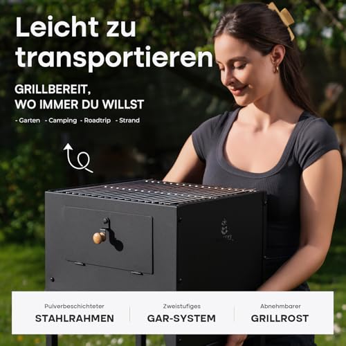 BALHEKA Pizzaofen Outdoor 2-in-1 mit Feuerstelle | XXL Zubehör Set inkl. Cordieritstein, Thermometer, Kohleschale & Abdeckhaube