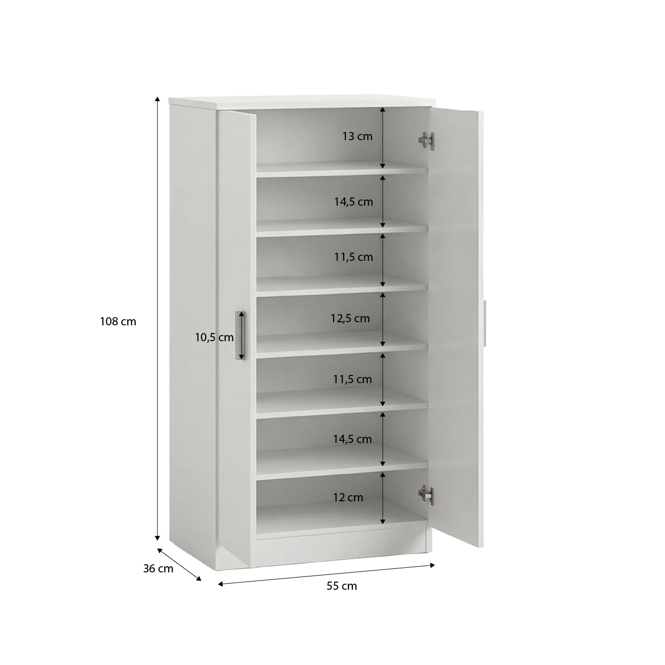 duehome | Zapatero Armario, Mueble Auxiliar, Acabado en Blanco Artik, Modelo Liam 55, Medidas: 55 cm (Largo) x 108 cm (Alto) x 36 cm (Fondo)