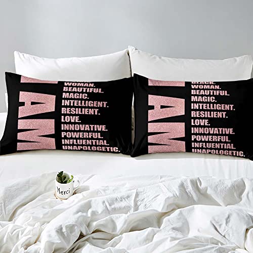 Luvivihome 3Pcs Rose Gold Glitter & Black Bedding, King Duvet Cover, Teen Girls Bedding, African American Black Girl Pink Comforter Bedspread Quilt Cover, Inspirational Gifts For Women, 2 Pillow Shams #TOP3