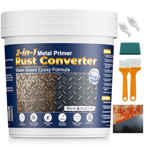 Image of Rust Converter & Metal Primer, 2-in-1 Black Rust Remover Paint Water-Based Metal Preventive Coating Heat Resistant UV Stable for Automotive, Industrial, Indoor Outdoor Use, Trailers, Fences, 35oz