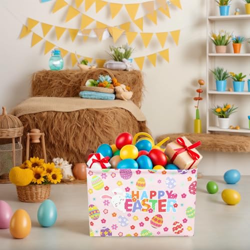 Image of Pink Easter Basket for Kid Large Empty Baby Rectangular Cute Easter Gift Storage Basket Bunny Eggs Decor (Pink Rabbit Flower)