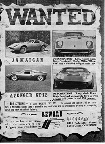 Magazine Print Ad: 1969 Fiberfab Kit Cars, The Jamaican, Avenger GT-12,”Wanted.For Stealing.The Scenery Wherever They Go!”