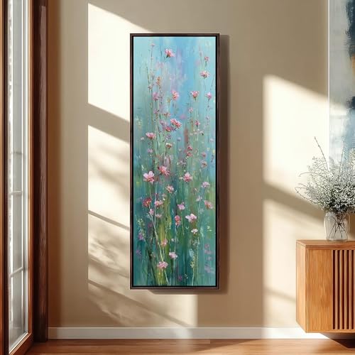 Peinture florale longue prairie de fleurs sauvages roses imprimée sur toile haut de gamme