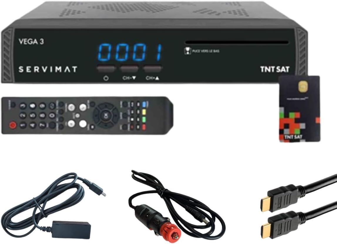 Pack SERVIMAT Récepteur Satellite Full HD + Carte TNTSAT V6 + Câble HDMI + Câble 12V + Déport IR