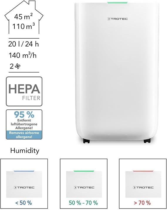 TROTEC Çift Nem Alma Cihazı ve Hava Temizleyici 20L/Gün TTK 70 HEPA, 45 m²/110 m³'e kadar odalar için. 6,5L Tank, HEPA Filtre, Çamaşır Modu, Otomatik Yeniden Başlatma, LED Ekran, R290 ile çamaşırları