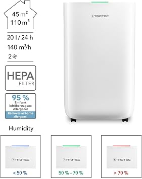 TROTEC Çift Nem Alma Cihazı ve Hava Temizleyici 20L/Gün TTK 70 HEPA, 45 m²/110 m³'e kadar odalar için. 6,5L Tank, HEPA Filtre, Çamaşır Modu, Otomatik Yeniden Başlatma, LED Ekran, R290 ile çamaşırları
