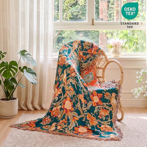 Image of MSGKV Boho Throw Blanket 60 inchx80 inch 100% Cotton Floral Bird Blanket Couch Bed