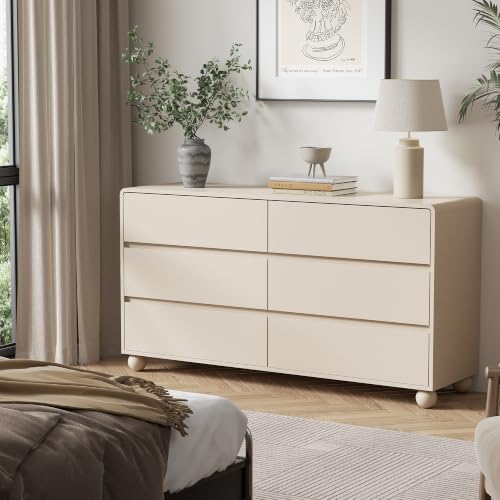 Image of Furniway Modern 6 Drawer Dresser for Bedroom, Beige Dresser with Curved Profile Design, Minimalist Wood Chest of Drawers for Bedroom, Living Room, Hallway Entryway