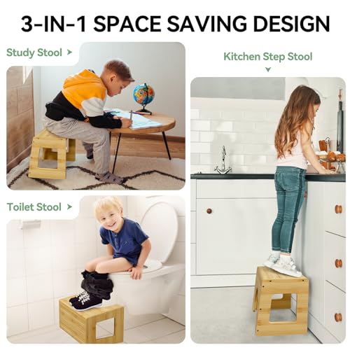 AmazerBath Toilet Squat Stool for Toddlers, 3-in-1 Sturdy Bamboo Poop Step Stool for Toddler Potty Training, Kids Baby Non-Slip Potty One Step Stool for Bathroom Sink, Kitchen Counter, Bedroom, Closet