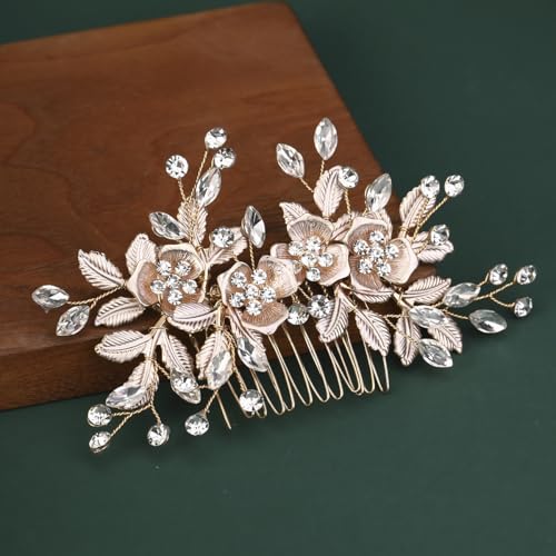Adorno de cabello nupcial con diseño de hoja de cristal dorado miniatura 5