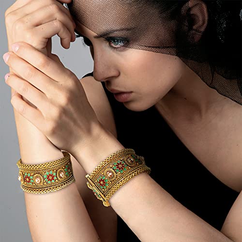 Duel On Jewel Indian Pakistani Bridal Party Ethnic Gold Plated Openable Kada Bangle Bracelet Set For Women In Kundan Polki Red Green Enamel #TOP4