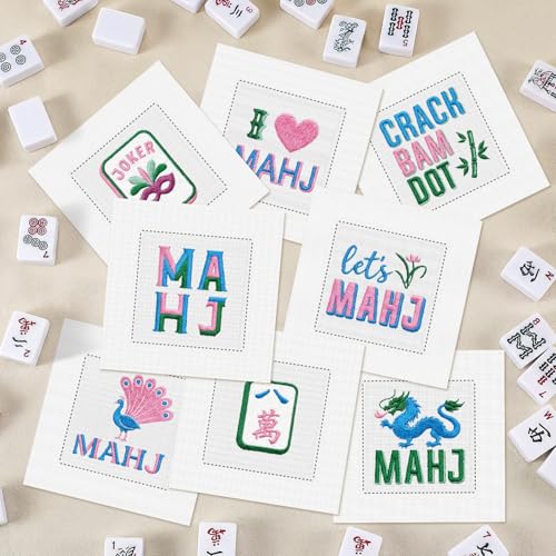 Chumia 8 Pack Mahjong Embroidered Cocktail Napkins 6x6 Inch Linen Cotton Fabric Mah Jong Gifts Reusable Washable Napkins Classic Pattern Hemmed Edge for Mahjong Party Game Night Wedding (8 Style)