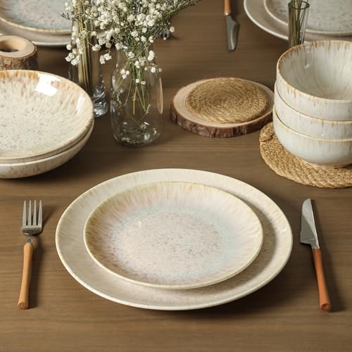 Image of Stone Lain Riley 16-Piece Dinnerware Set Stoneware, Plates and Bowls Set, Dishwasher and Microwave Safe, Dish Set for 4, Sand