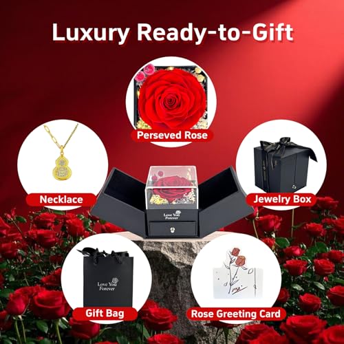 Birthday Gift for Women, Preserved Red Real Rose Jewelry Box with LED,forever roses I Love You Lucky Gourd Necklace Romantic Gift for Her Mom Wife Girlfriend on Birthday Anniversary Valentine - Image 5