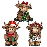 Burbell 3 Pcs Christmas Highland Cow Figurines Decor Cow Gnomes with Santa Hat Christmas Resin Statue Calf Lovers Gifts for Farmhouse Home Garden Bathroom Kitchen Office Tiered Tray Table Decor
