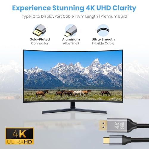 Image of Tobo Type C to DisplayPort Cable 4K@60Hz, 1.8m USB-C to DP Male to Male Cable for Laptop, Monitor & Projector, Aluminium Alloy, Gold-Plated TD-1605CC